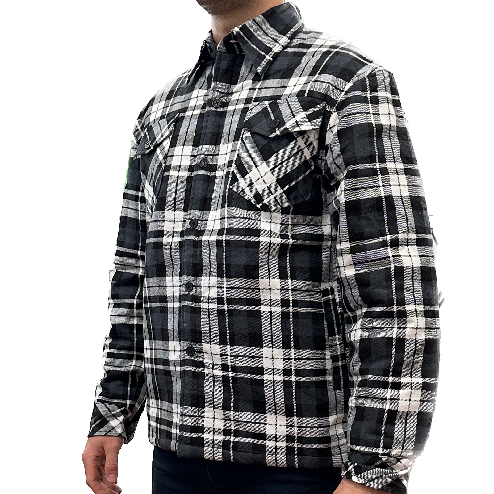 Mens QUILTED FLANNELETTE SHIRT 100% COTTON Flannel Jacket Padded Long Sleeve - Black/Charcoal/White (Quilted) - S