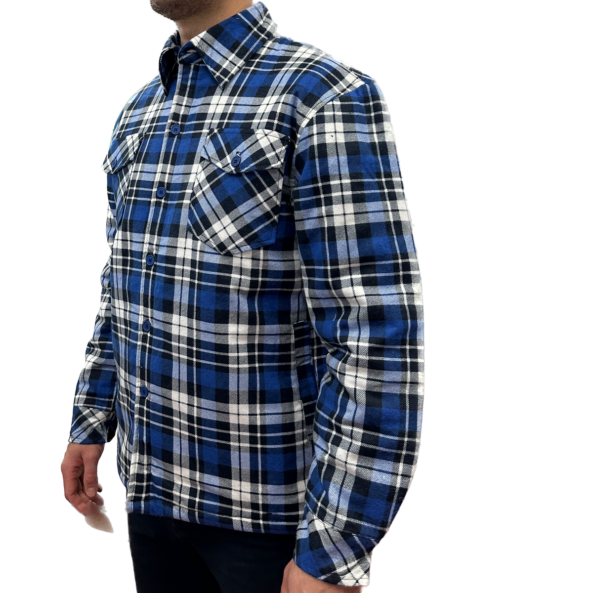 Mens QUILTED FLANNELETTE SHIRT 100% COTTON Flannel Jacket Padded Long Sleeve - Black/Navy/White (Quilted) - S