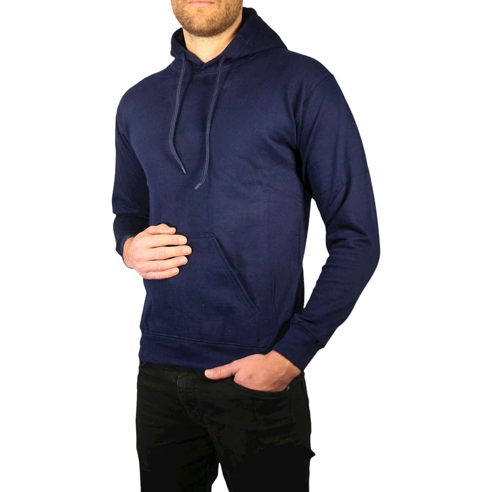 Adult Mens 100% Cotton Fleece Hoodie Jumper Pullover Sweater Warm Sweatshirt - Navy - L