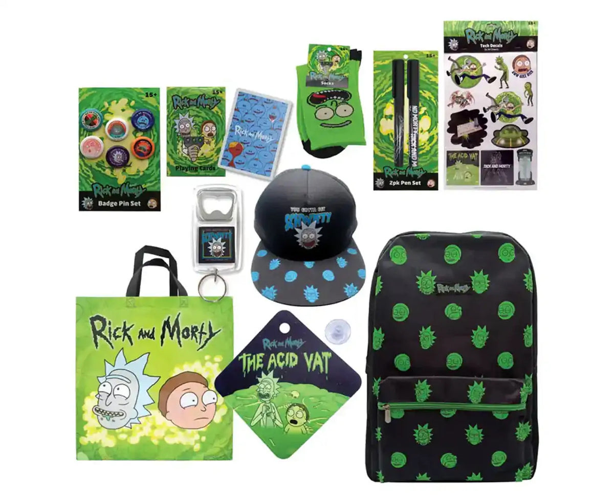 Rick &amp; Morty Showbag 22 w/ Backpack/Keyring/Socks/Hat/Pens/Pin Set/Playing Cards