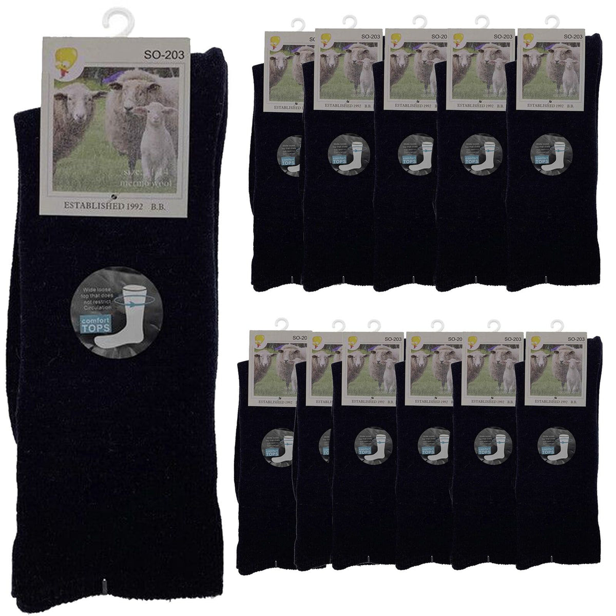 Merino Wool Mens Thermal Diabetic Socks Loose Top Circulation 12 Pairs - Navy