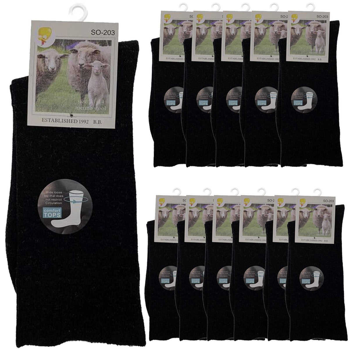 Merino Wool Mens Thermal Diabetic Socks Loose Top Circulation 12 Pairs - Black