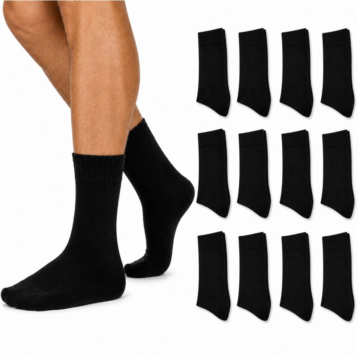 Merino Wool Mens Thermal Diabetic Socks Loose Top Circulation 12 Pairs - Black