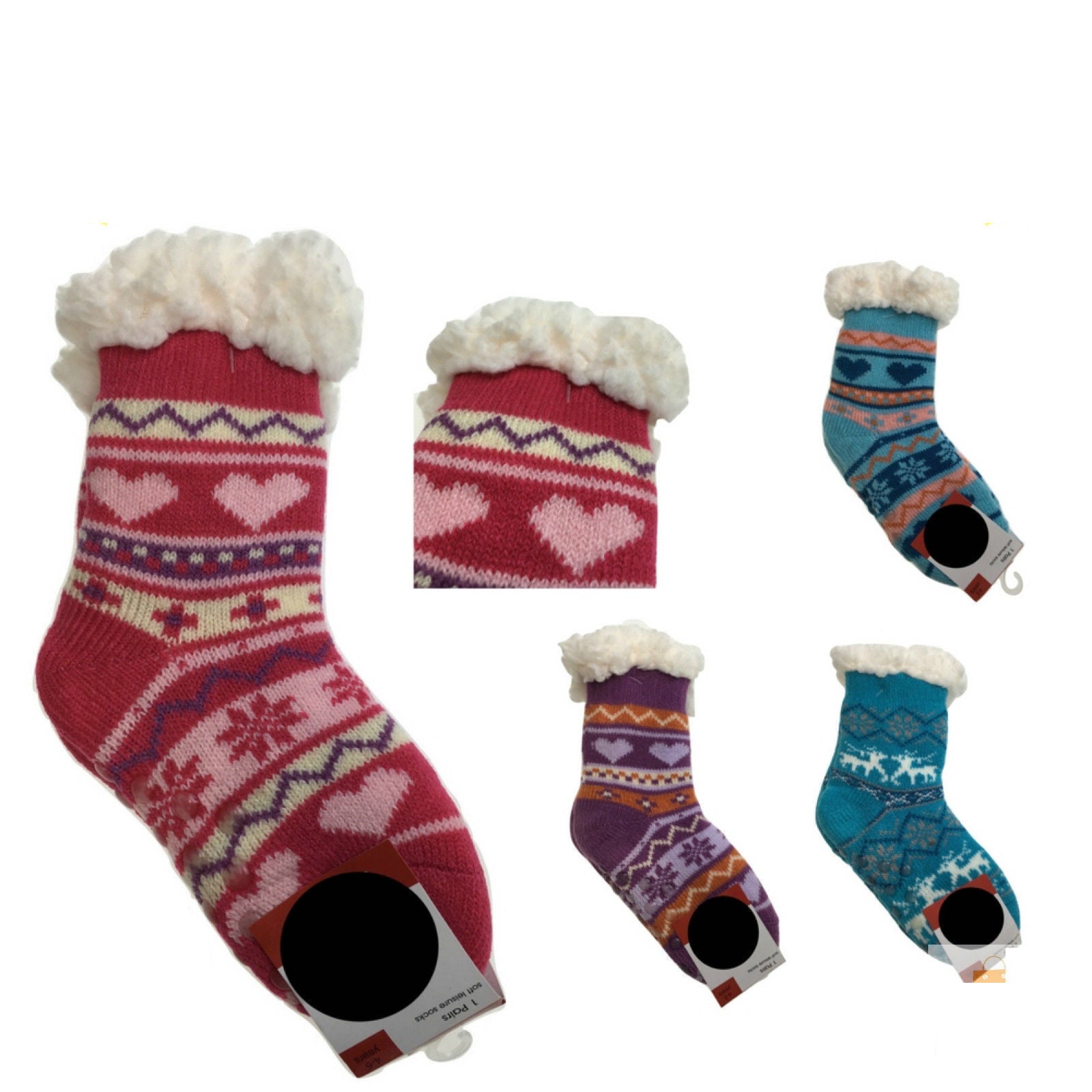 1 Pair KIDS Thick Fur Bed Socks Boys Girls Soft Work Fluffy Slippers Non Slip - 2-8 Years Old