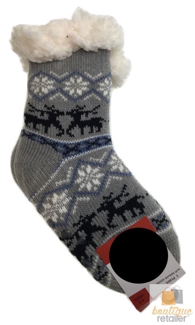 1 Pair KIDS Thick Fur Bed Socks Boys Girls Soft Work Fluffy Slippers Non Slip - 2-8 Years Old