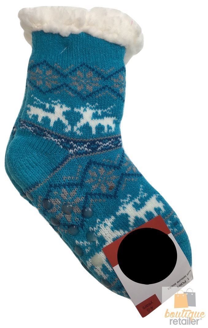 1 Pair KIDS Thick Fur Bed Socks Boys Girls Soft Work Fluffy Slippers Non Slip - 2-8 Years Old