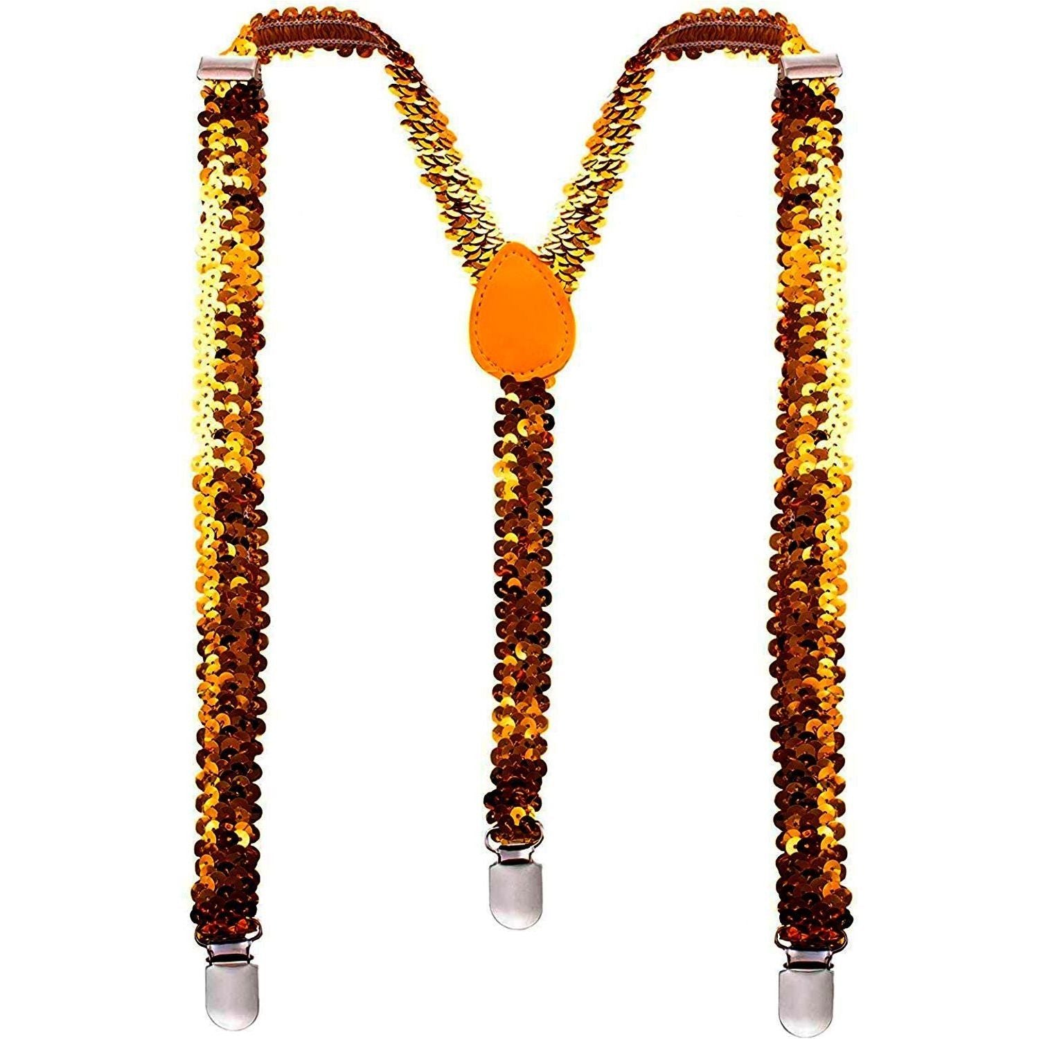 SEQUIN SUSPENDERS Unisex Adjustable Braces Clip On Elastic Y-Back  - Orange