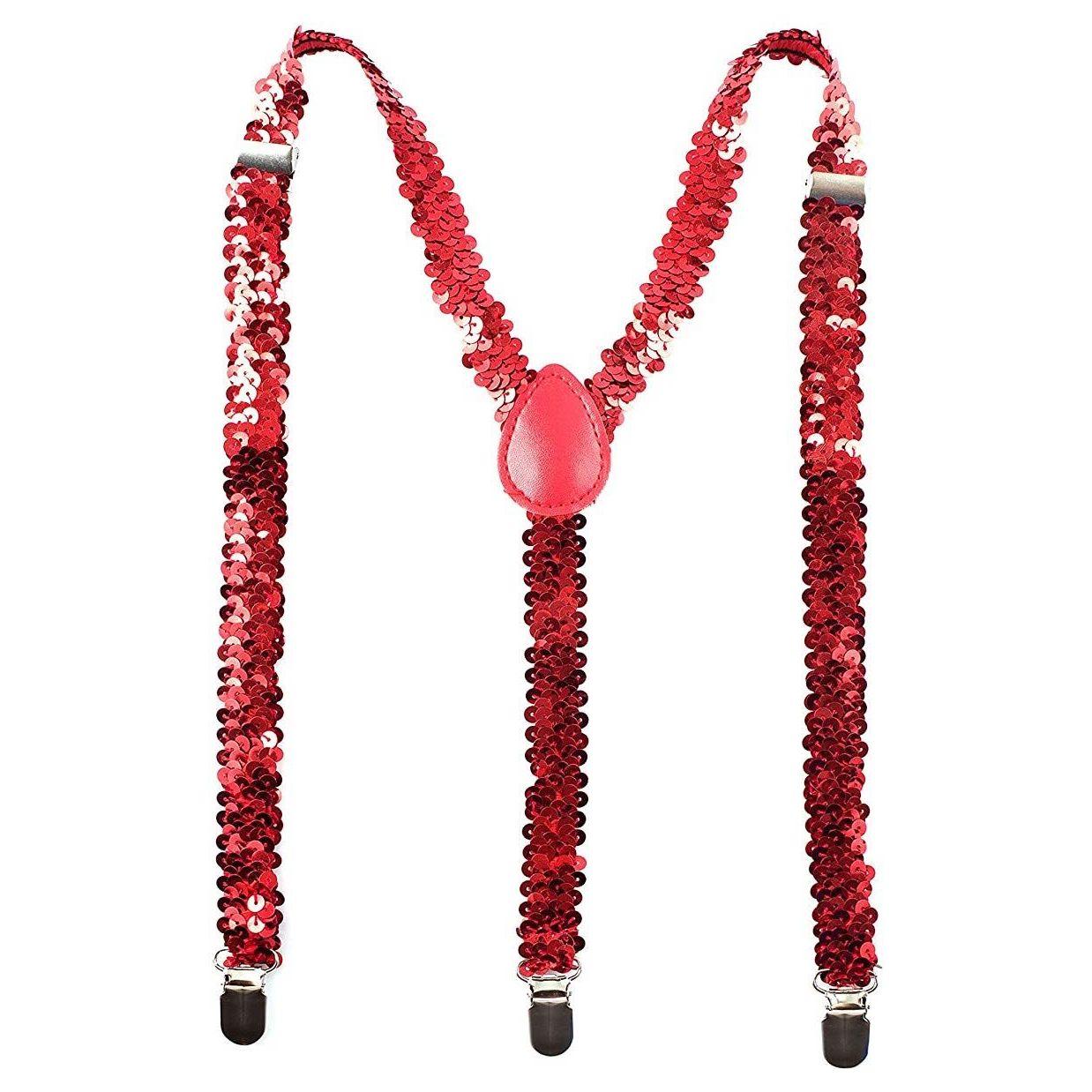 SEQUIN SUSPENDERS Unisex Adjustable Braces Clip On Elastic Y-Back  - Red