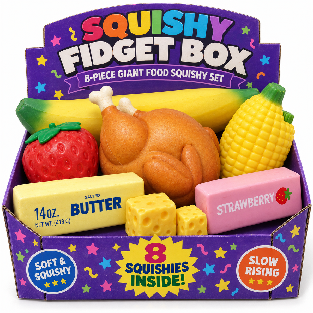 Squishy Fidget Box - 8pc Giant Food Squishy Set Squeezy Stress Relief Sensory Toys