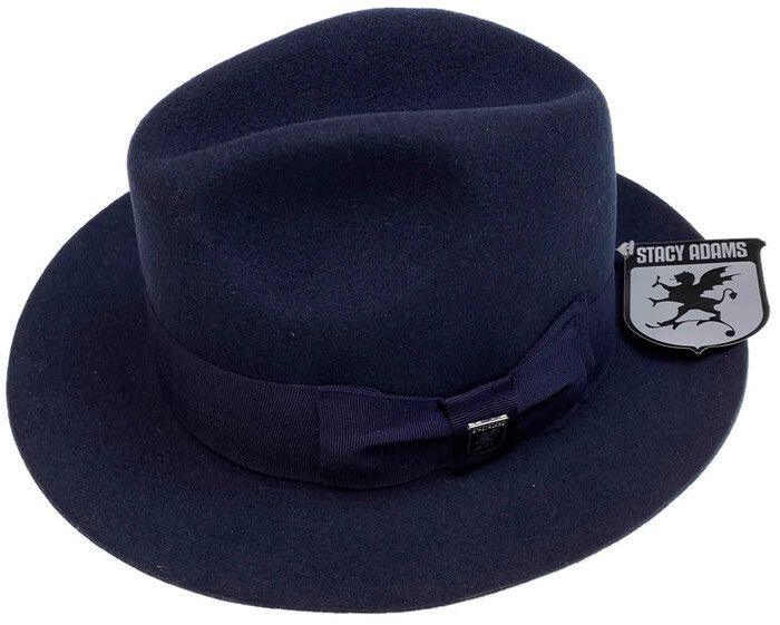 STACY ADAMS 100% Wool Felt Hat Warm Winter Fedora Trilby Style w Brim - Navy