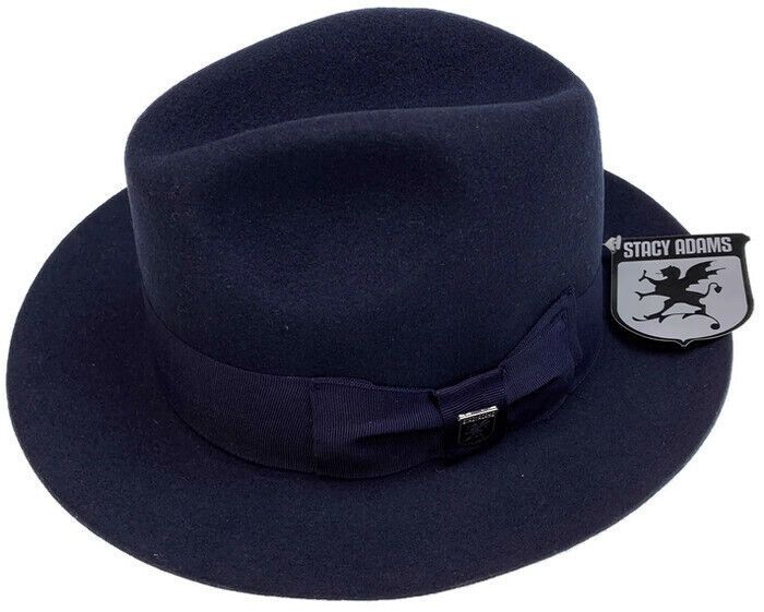 STACY ADAMS 100% Wool Felt Hat Warm Winter Fedora Trilby Style w Brim - Navy