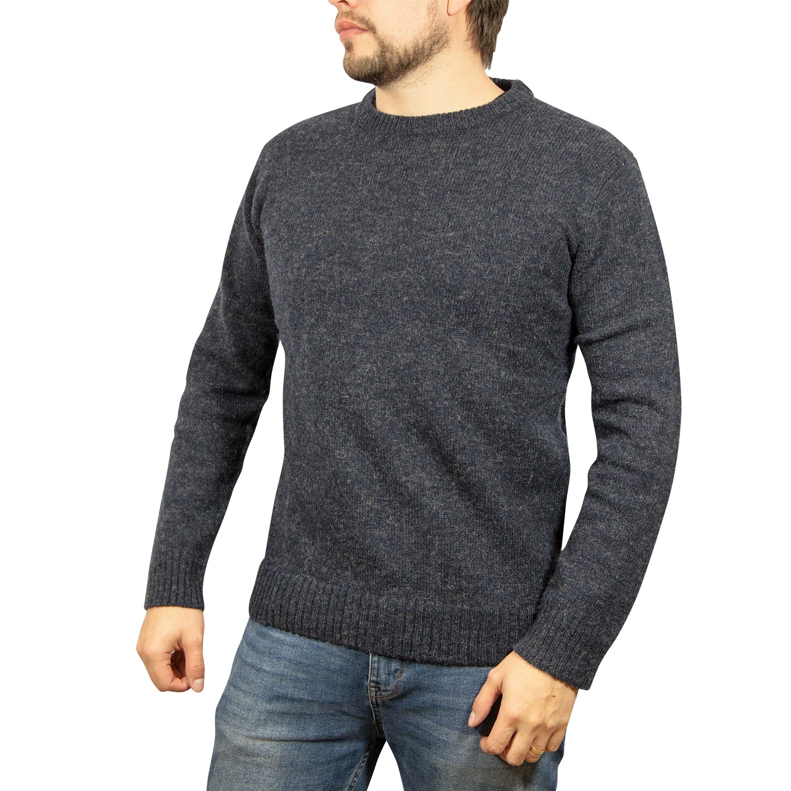 100% SHETLAND WOOL CREW Round Neck Knit JUMPER Pullover Mens Sweater Knitted - Navy (45) - 6XL