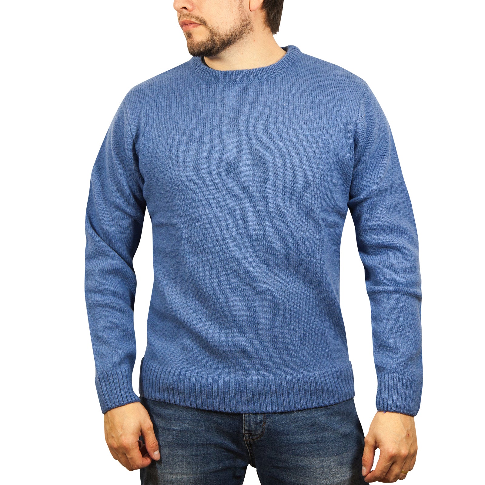 100% SHETLAND WOOL CREW Round Neck Knit JUMPER Pullover Mens Sweater Knitted - Sky (40) - 5XL