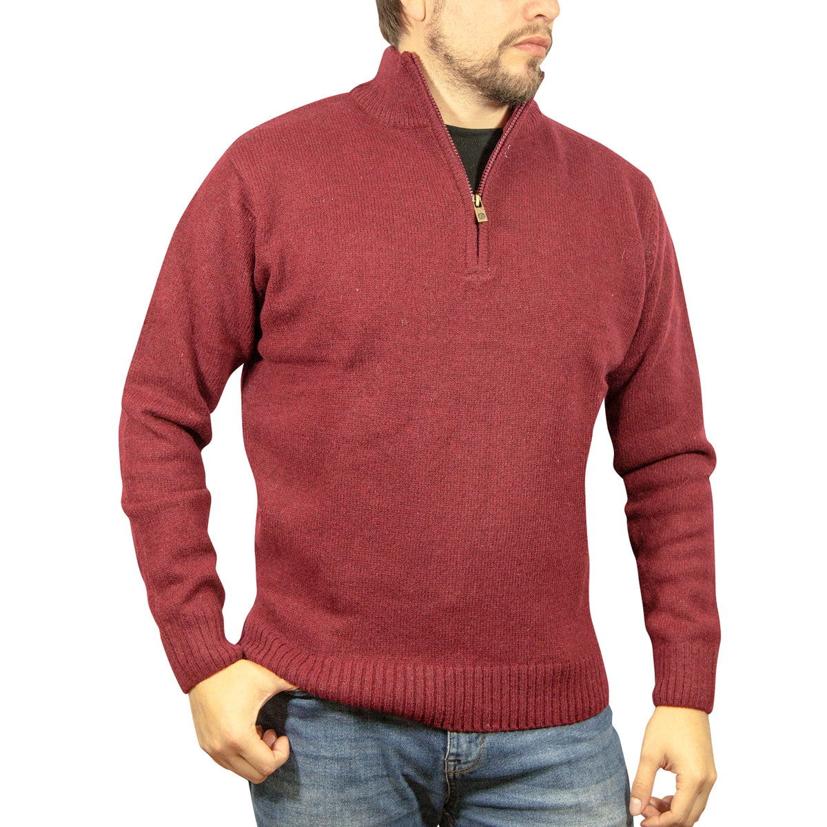 100% SHETLAND WOOL Half Zip Up Knit JUMPER Pullover Mens Sweater Knitted - Burgundy (97) - XXL