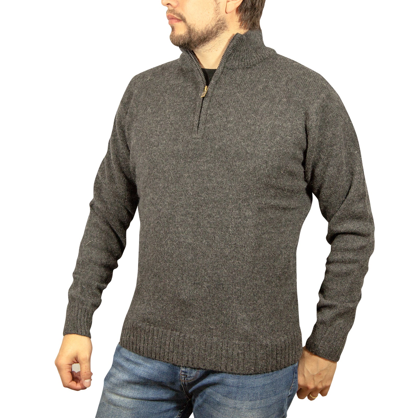 100% SHETLAND WOOL Half Zip Up Knit JUMPER Pullover Mens Sweater Knitted - Charcoal (29) - L