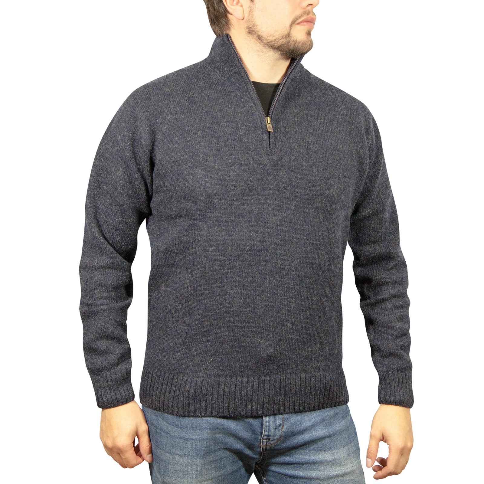 100% SHETLAND WOOL Half Zip Up Knit JUMPER Pullover Mens Sweater Knitted - Denim Blue (45) - L