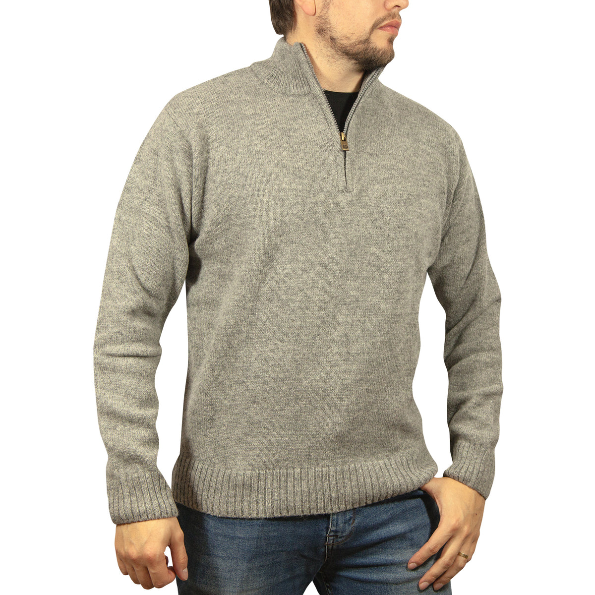 100% SHETLAND WOOL Half Zip Up Knit JUMPER Pullover Mens Sweater Knitted - Grey (21) - M