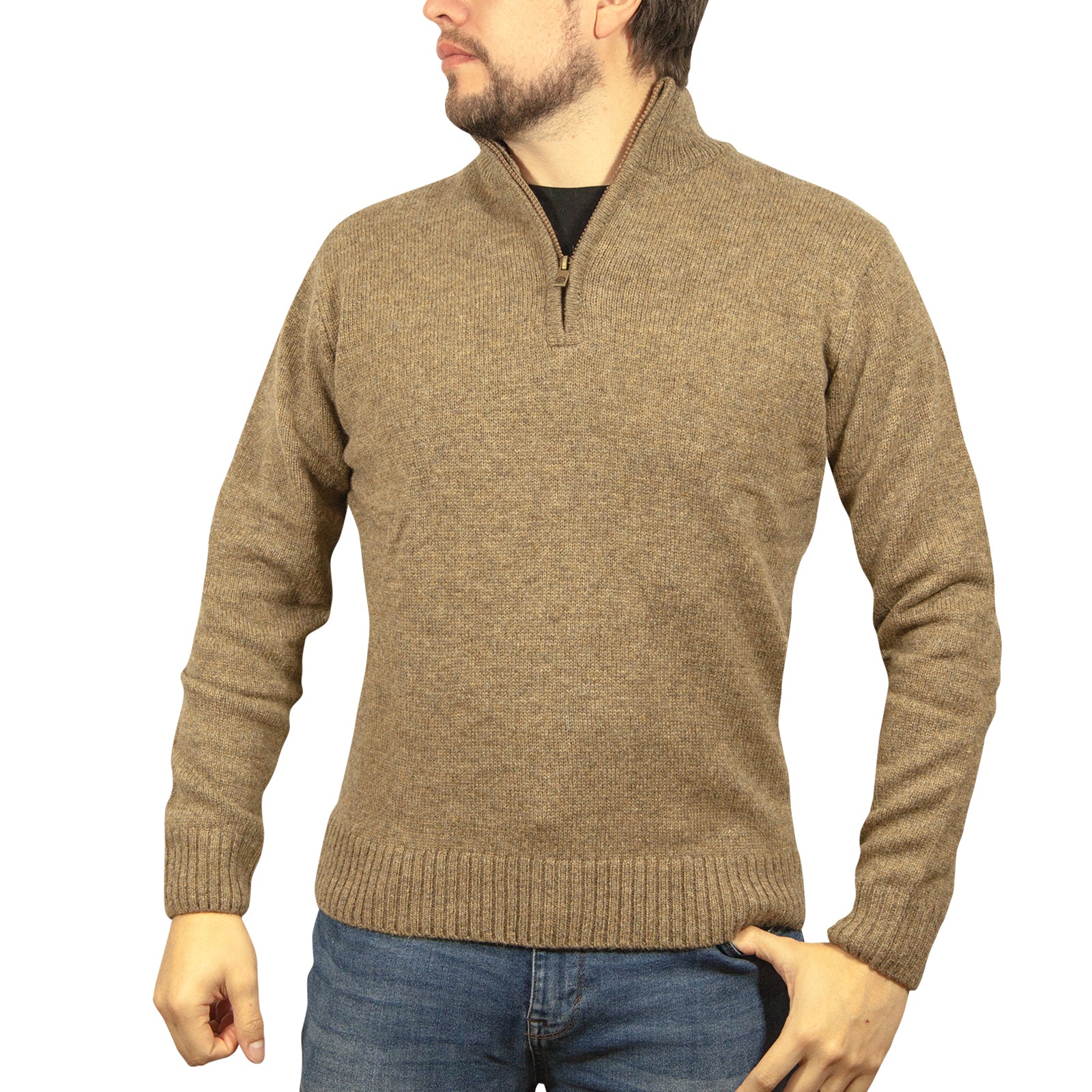 100% SHETLAND WOOL Half Zip Up Knit JUMPER Pullover Mens Sweater Knitted - Nutmeg (23) - M