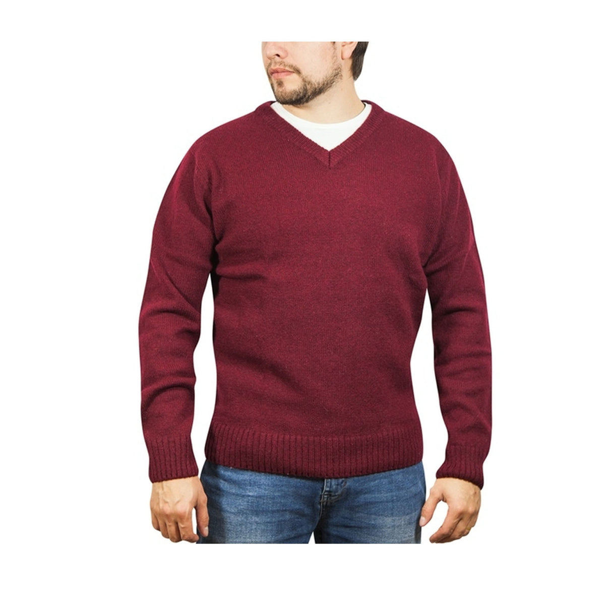 100% Shetland Wool V Neck Knit Jumper Pullover Mens Sweater Knitted - Burgundy (97) - L