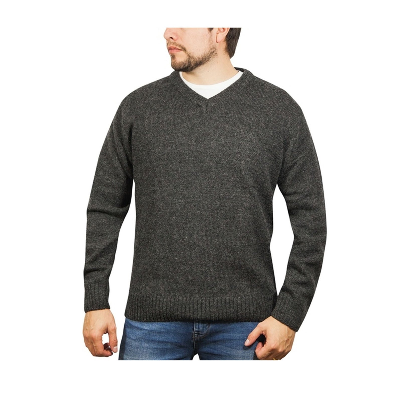 100% Shetland Wool V Neck Knit Jumper Pullover Mens Sweater Knitted - Charcoal (29) - 5XL