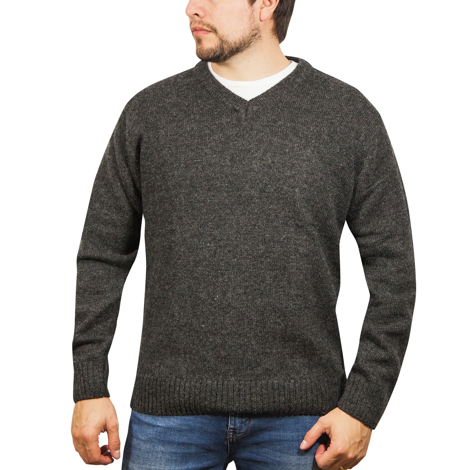 100% Shetland Wool V Neck Knit Jumper Pullover Mens Sweater Knitted - Charcoal (29) - 5XL