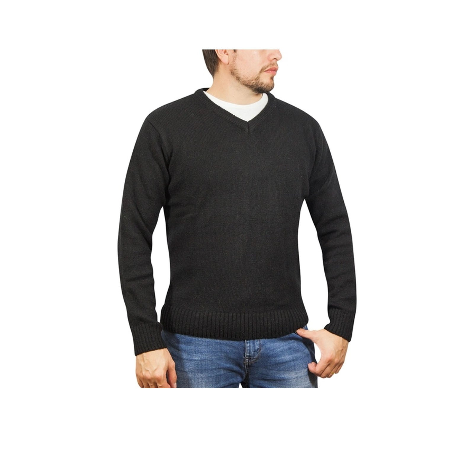 100% Shetland Wool V Neck Knit Jumper Pullover Mens Sweater Knitted - Plain Black - 4XL