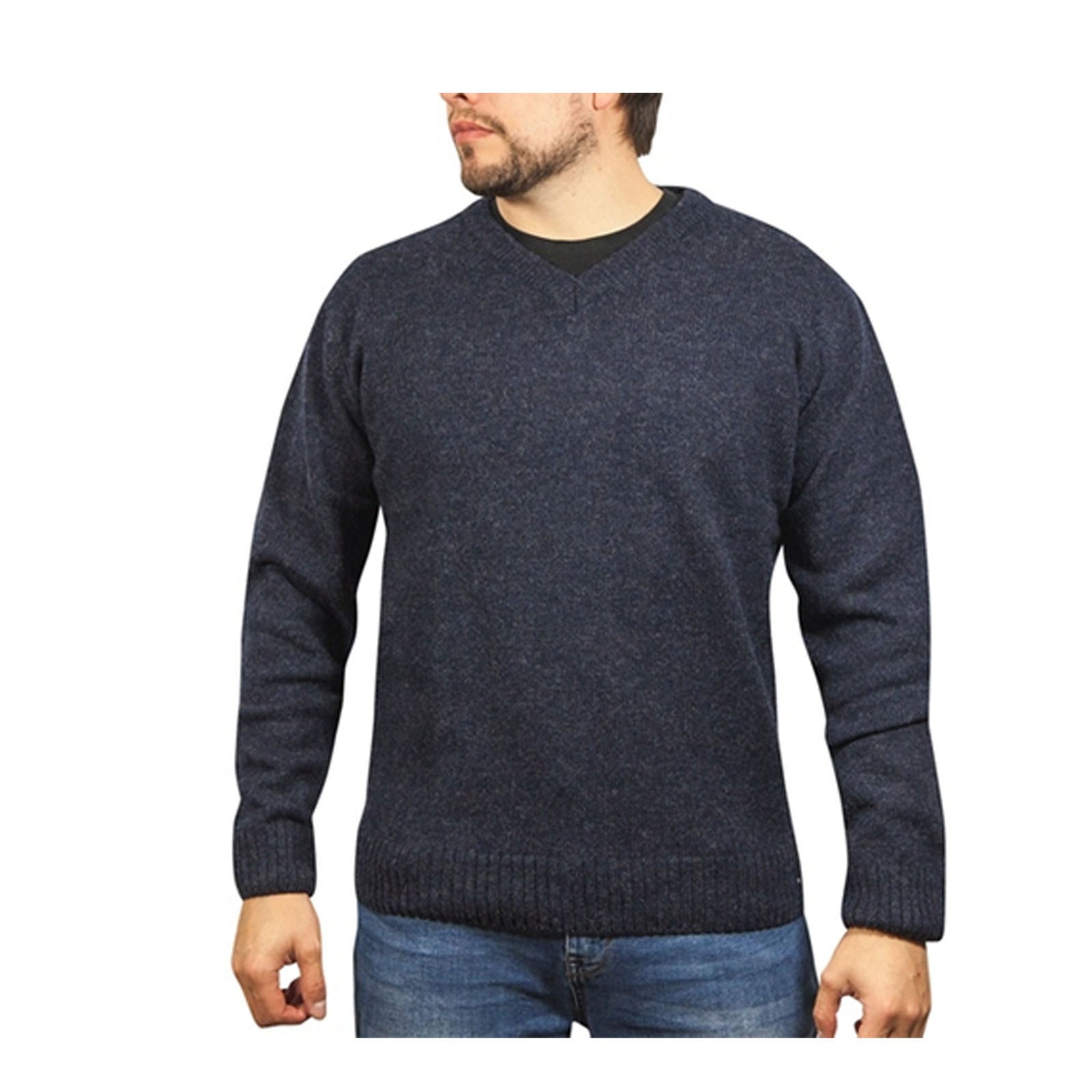 100% Shetland Wool V Neck Knit Jumper Pullover Mens Sweater Knitted - Navy (45) - 4XL