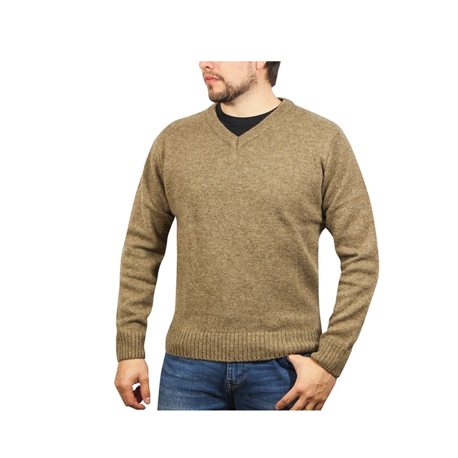 100% Shetland Wool V Neck Knit Jumper Pullover Mens Sweater Knitted - Nutmeg (23) - L