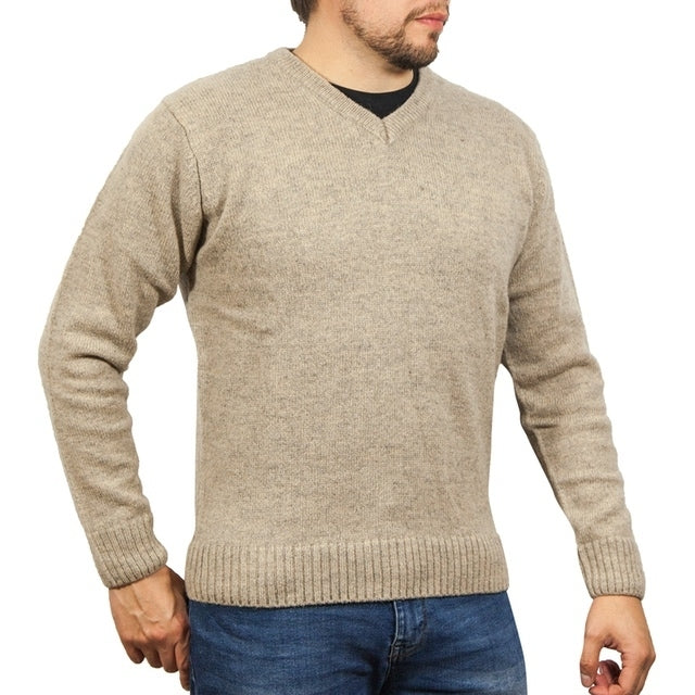 100% Shetland Wool V Neck Knit Jumper Pullover Mens Sweater Knitted - Oat Marle (03) - 3XL