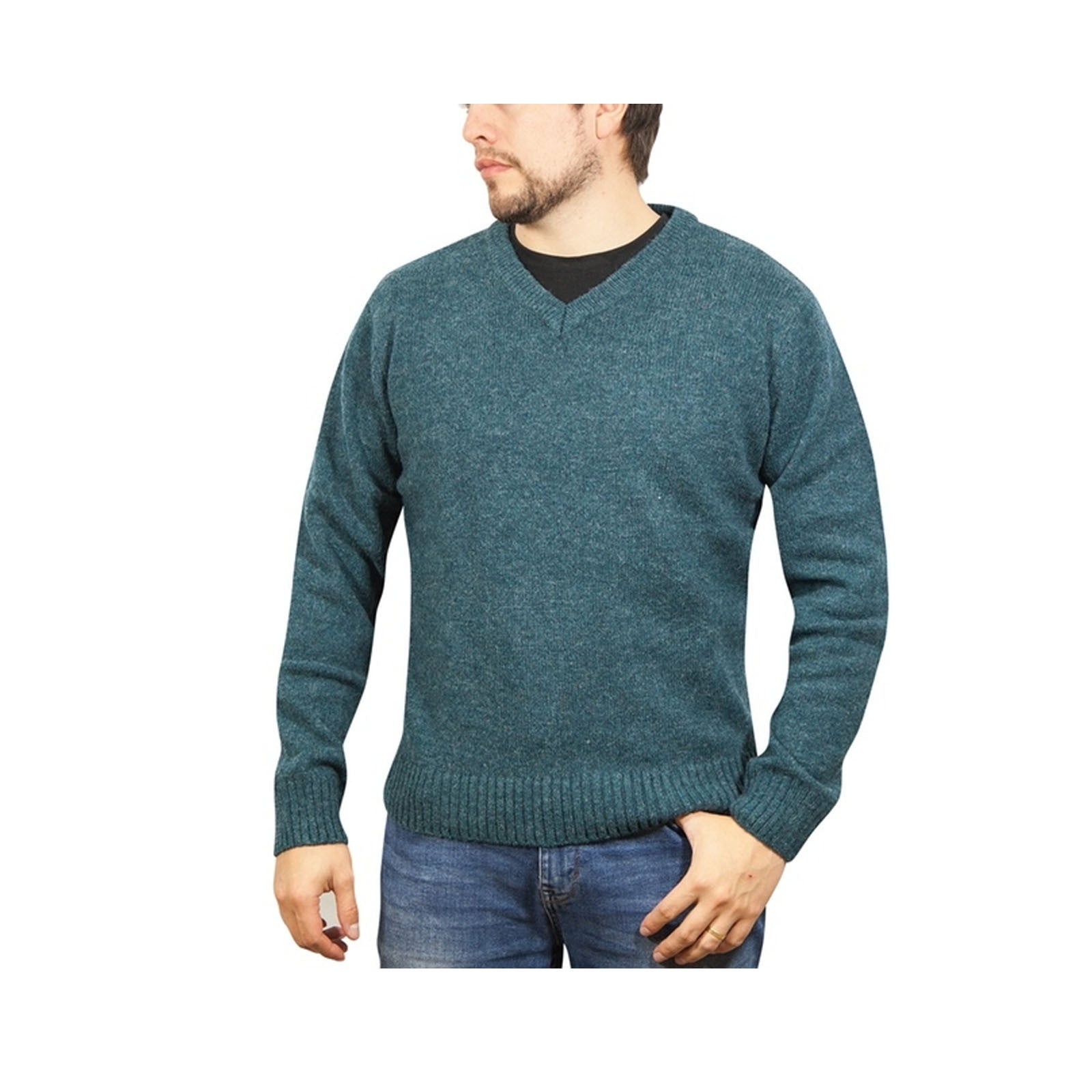 100% Shetland Wool V Neck Knit Jumper Pullover Mens Sweater Knitted - Sherwood (32) - 4XL