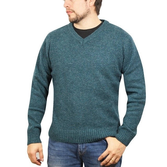 100% Shetland Wool V Neck Knit Jumper Pullover Mens Sweater Knitted - Sherwood (32) - XL