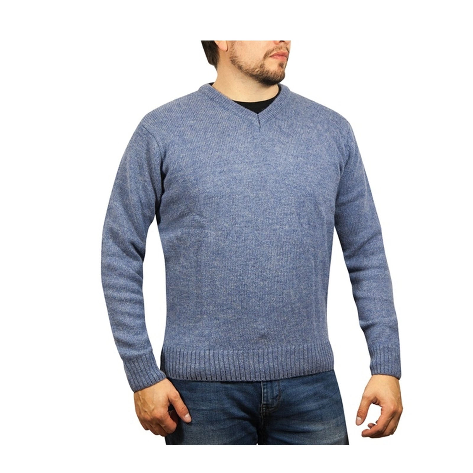 100% Shetland Wool V Neck Knit Jumper Pullover Mens Sweater Knitted - Sky (40) - S