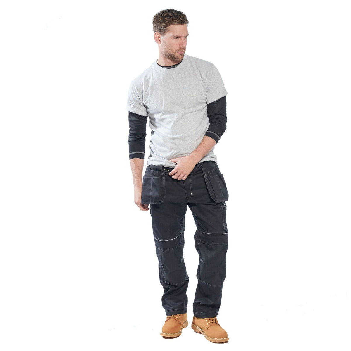 Tradies Cargo Pants Holster Work Trousers Pants w Free Kneepads Workwear Safety - Black