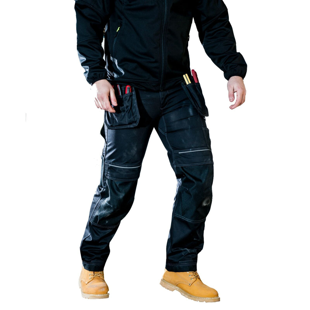 Tradies Cargo Pants Holster Work Trousers Pants w Free Kneepads Workwear Safety - Black