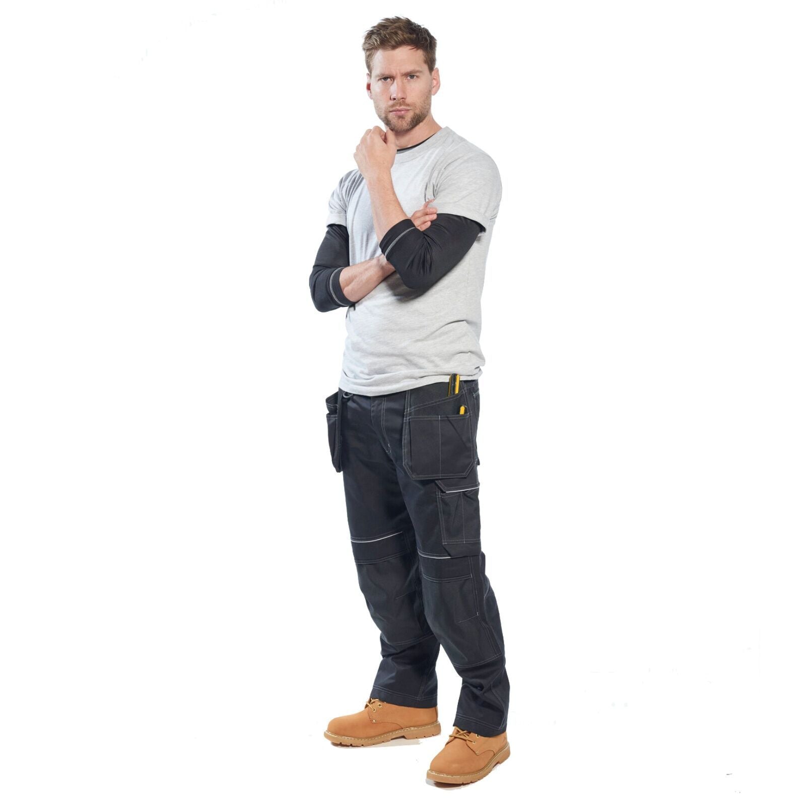 Tradies Cargo Pants Holster Work Trousers Pants w Free Kneepads Workwear Safety - Black