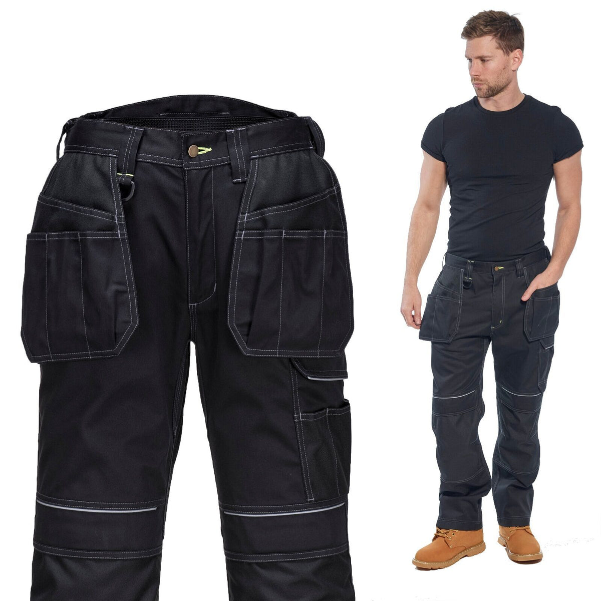 Tradies Cargo Pants Holster Work Trousers Pants w Free Kneepads Workwear Safety - Black
