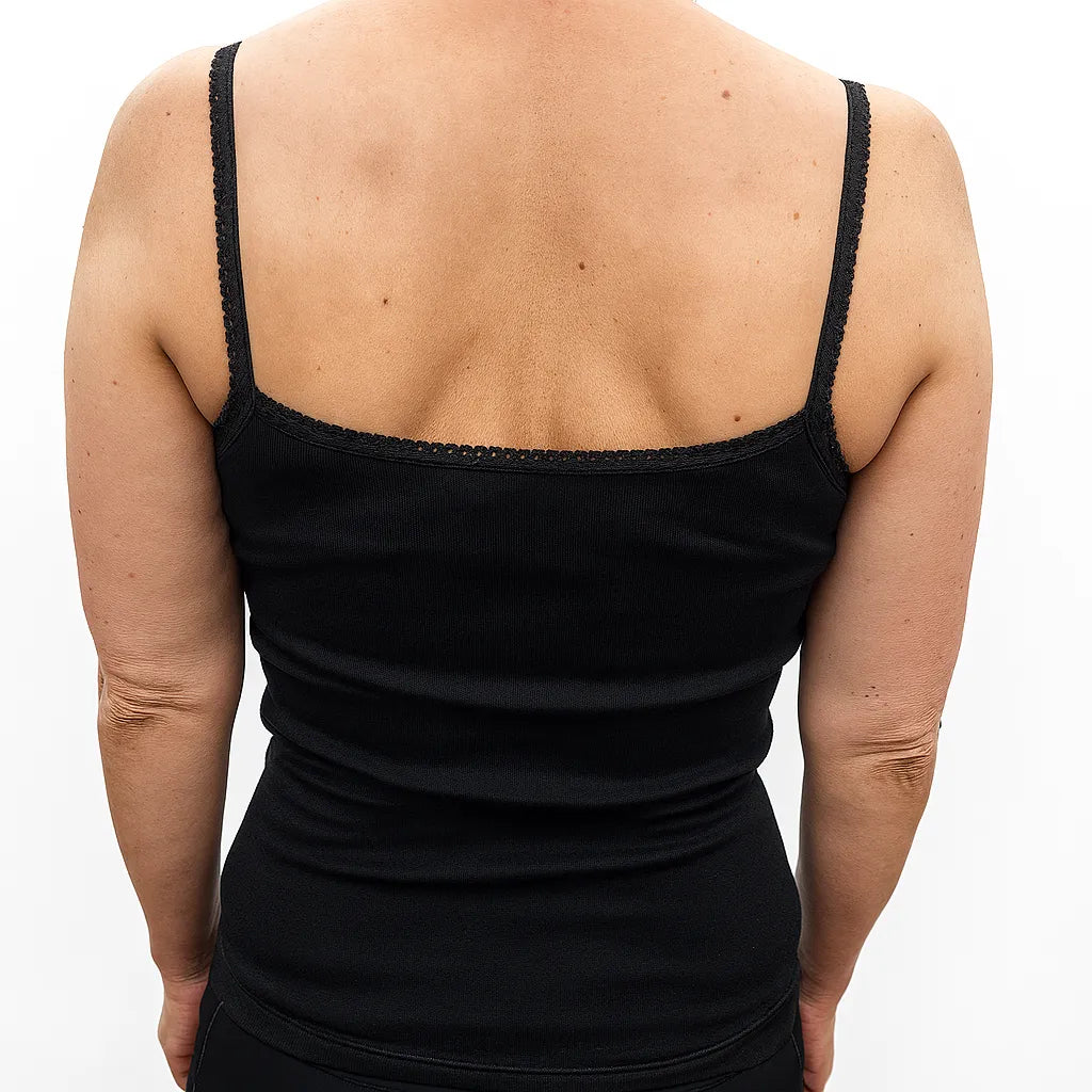 Thermo Fleece Ladies Pure Wool Camisole w Lace Thermal Thermals Top Singlet - Black