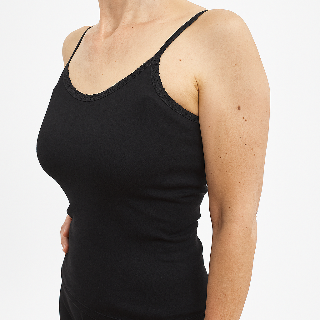 Thermo Fleece Ladies Pure Wool Camisole w Lace Thermal Thermals Top Singlet - Black