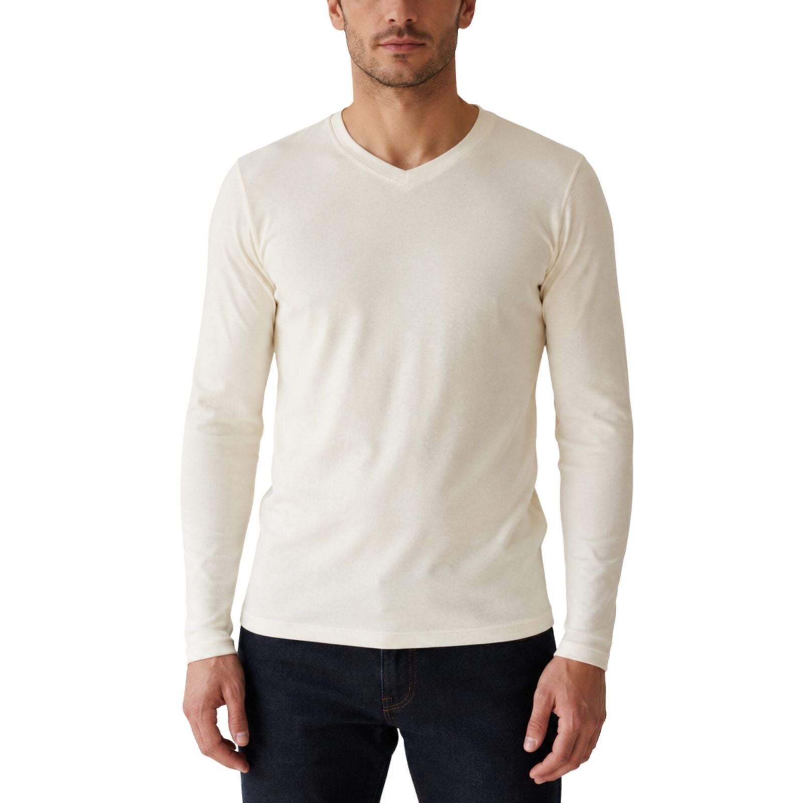 Mens 100% Pure Merino Wool Thermal Underwear V Neck Long Sleeve Top - Natural