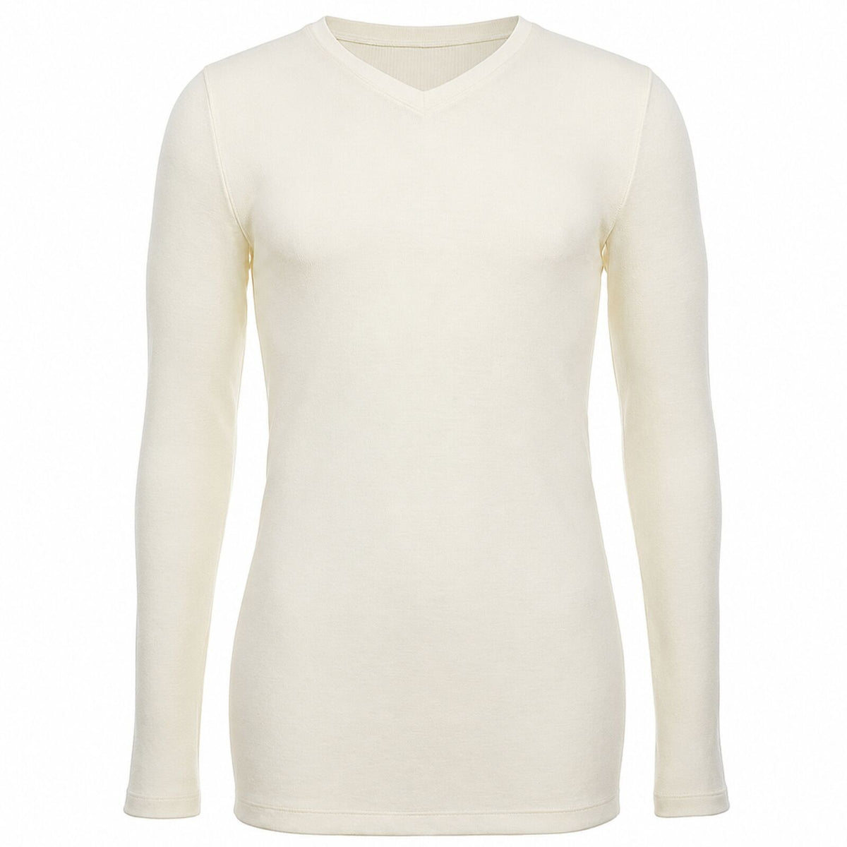 Mens 100% Pure Merino Wool Thermal Underwear V Neck Long Sleeve Top - Natural