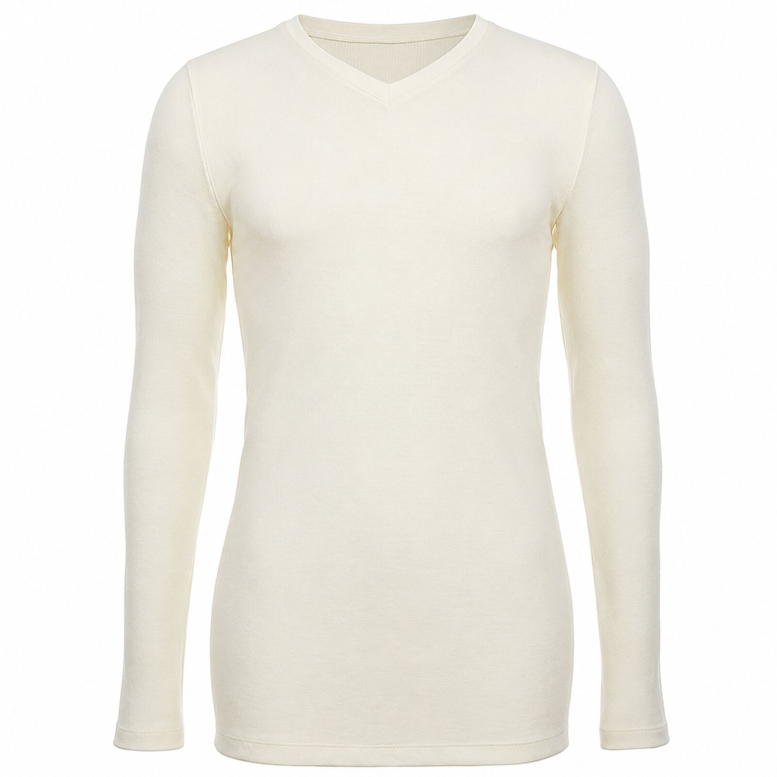 Mens 100% Pure Merino Wool Thermal Underwear V Neck Long Sleeve Top - Natural