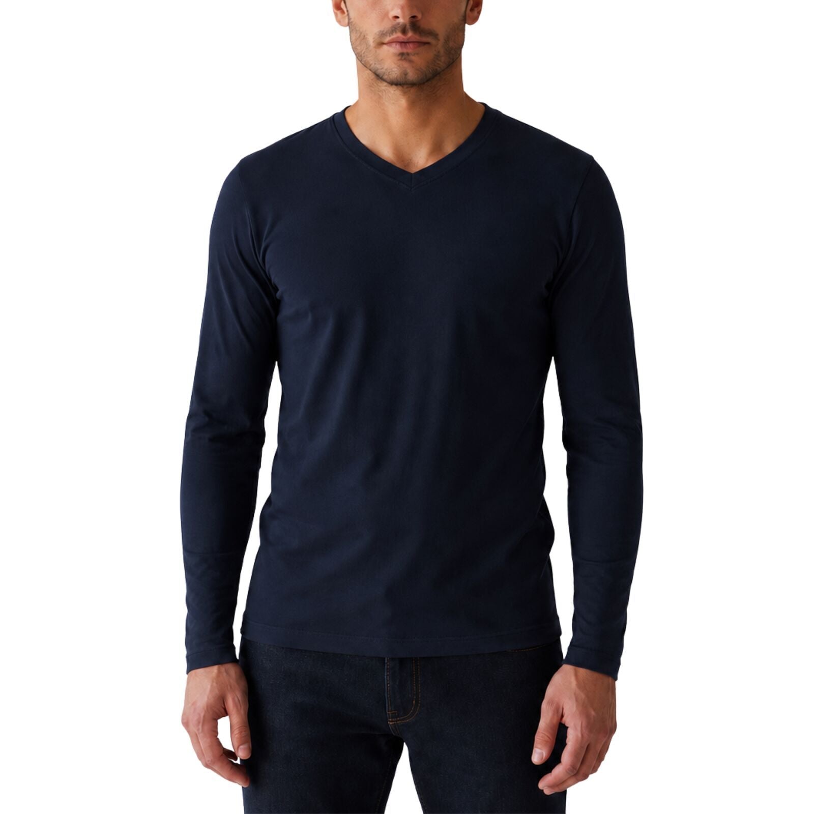 Mens 100% Pure Merino Wool Thermal Underwear V Neck Long Sleeve Top - Navy