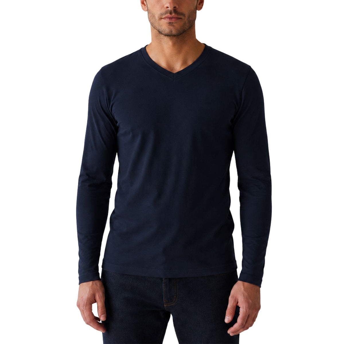 Mens 100% Pure Merino Wool Thermal Underwear V Neck Long Sleeve Top - Navy