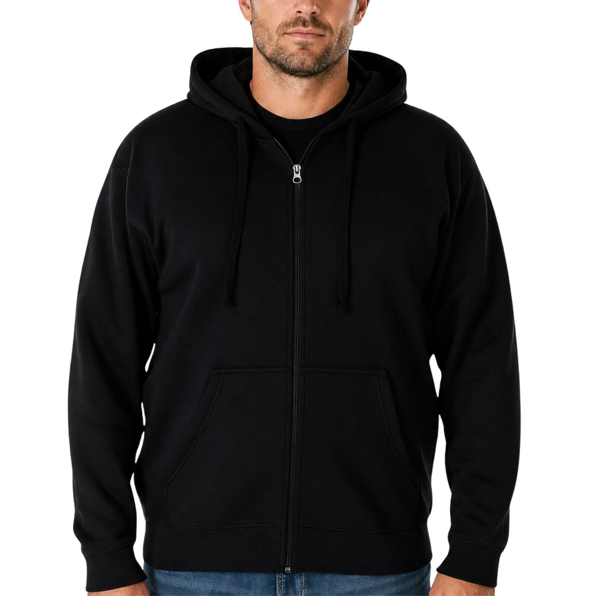 Mens Plus Size Full Zip Hoodie Fleece Jumper Jacket Winter Polyester - Black