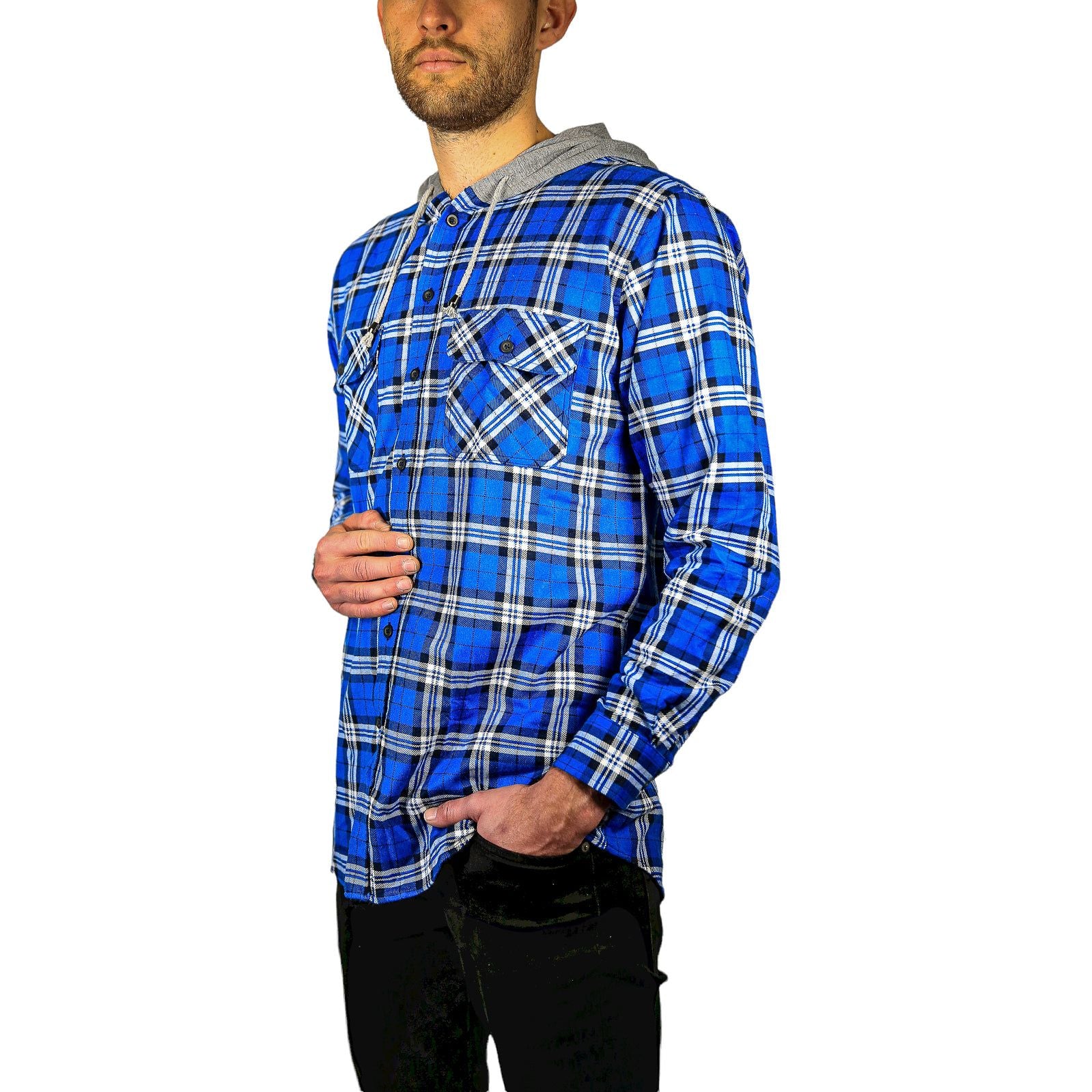Mens Cotton Flannelette Shirt w Jersey Hood Long Sleeve Flannel - Spanish Blue - L