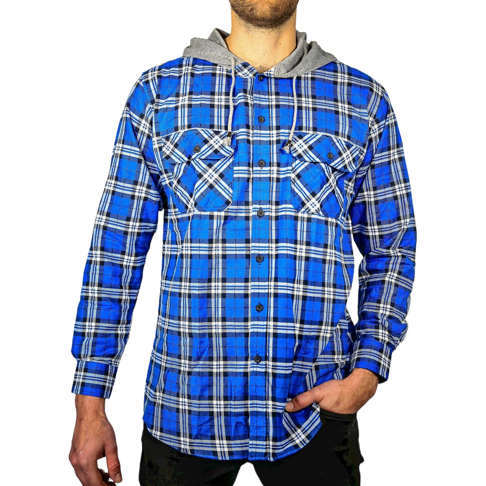 Mens Cotton Flannelette Shirt w Jersey Hood Long Sleeve Flannel - Spanish Blue - S