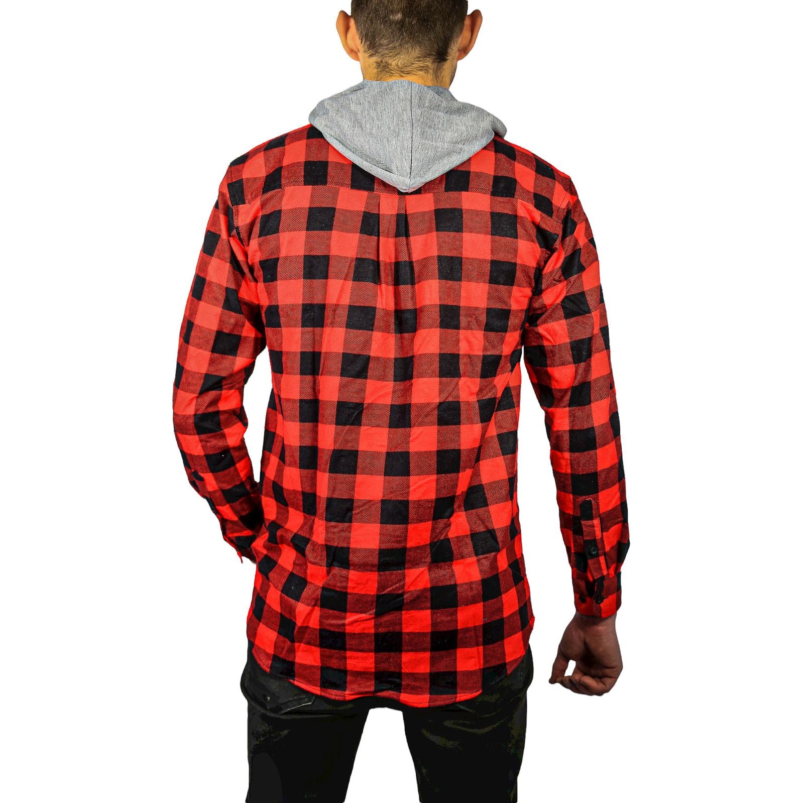Mens Cotton Flannelette Shirt w Jersey Hood Long Sleeve Flannel - Red/Black - M