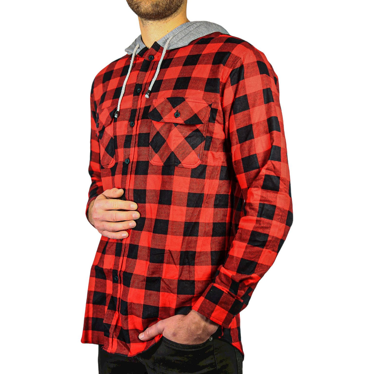 Mens Cotton Flannelette Shirt w Jersey Hood Long Sleeve Flannel - Red/Black - M