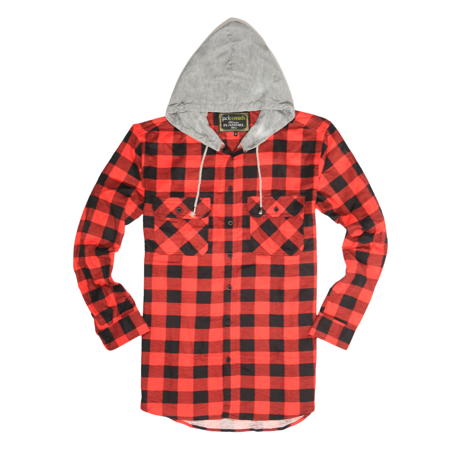 Mens Cotton Flannelette Shirt w Jersey Hood Long Sleeve Flannel - Red/Black - S