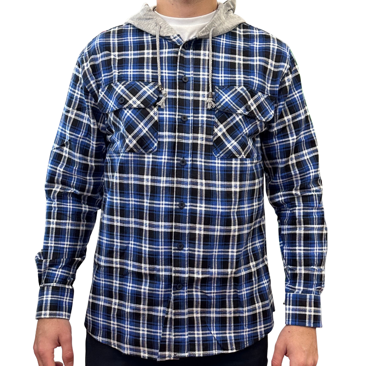 Mens Cotton Flannelette Shirt w Jersey Hood Long Sleeve Flannel - Denim - L